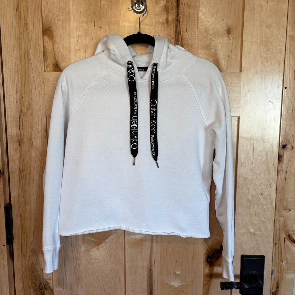 Calvin Klein Performance Cropped Hoodie Sweatshirt White Black S Small